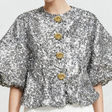 Natasha Sequin Puff-Sleeve Cropped Jacket