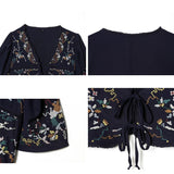 A four-panel product collage showing a dark navy embroidered top: front view, back view, sleeve/cuff detail, and a close-up of the drawstring hem. The garment has multicolored geometric and floral embroidery with frayed edges.