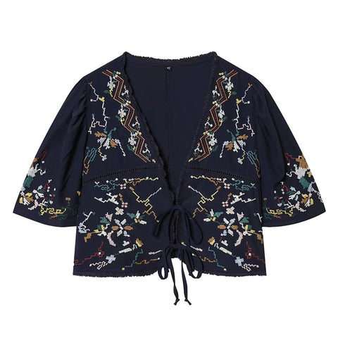 Sabine Embroidered Tie-Front Top