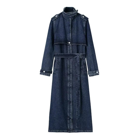 Sable High Stand-Collar Denim Trench Coat