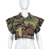 Valerie Camo Ruffle Sleeve Cropped Utility Jacket