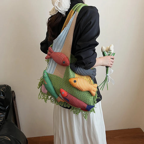 Wella Fishes Applique Tassel Knit Bag