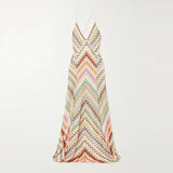 Ruena Colorful Striped Crochet Maxi Halter Dress