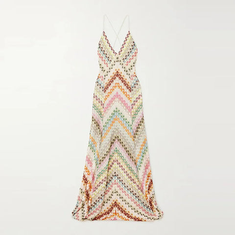 Ruena Colorful Striped Crochet Maxi Halter Dress - Beige M - SALE watereverysunday Ruena Colorful Striped Crochet Maxi Halter Dress - Beige M - SALE watereverysunday