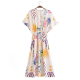 Palm Print Batwing Sleeve Maxi Dress