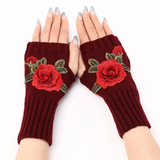 Rose Applique Hand Warmer Knit Gloves