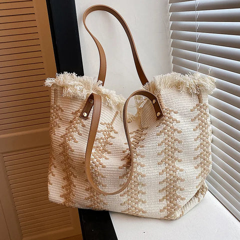 Lydia Boho Fringed Large Woven Tote Bag