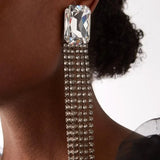 Rubie Big Square Rhinestone Long Tassel Earrings