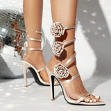 Ines Rosette Wrap Around Stiletto Sandals