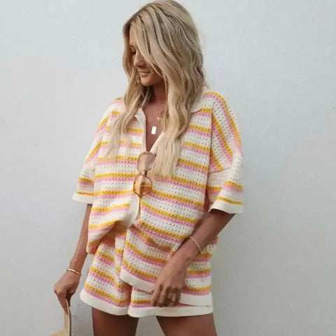 Casey Stripe Knit Shirt & Shorts Set