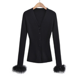 Feather Cuff Ribbed V-Neck Cardigan