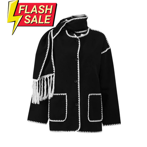 Mihaela Scarf Wrap Woolen Jacket - Black/White-S