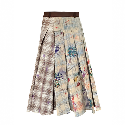 Louisa Vintage Graffiti Plaid Pleated Midi Skirt