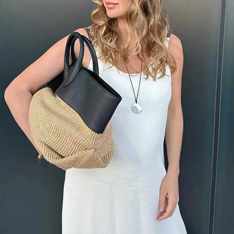 Elei Faux Leather Patchwork Straw Large Tote