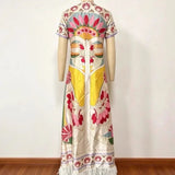 Maribel Floral Print Satin Feather Hem Maxi Dress