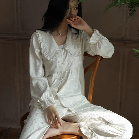 Devora Elegant Jacquard Flower Ruffle Pajamas Set