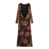Anais Vintage Flower Printed Mesh Bodycon Dress