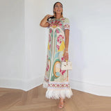 Maribel Floral Print Satin Feather Hem Maxi Dress