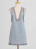 Aria Crystal Trim Plunge Neck Mini Denim Dress