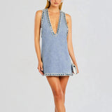 Aria Crystal Trim Plunge Neck Mini Denim Dress