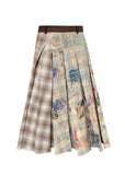 Louisa Vintage Graffiti Plaid Pleated Midi Skirt