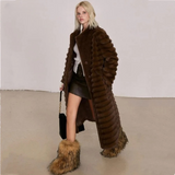 Monica Embossing Stripe Faux-Mink Fur Coat