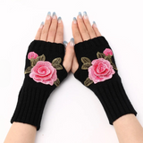 Rose Applique Hand Warmer Knit Gloves