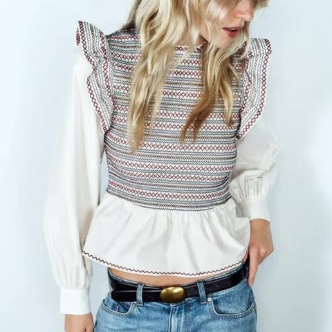 Amélie Ruffled Shirred Cropped Babydoll Blouse