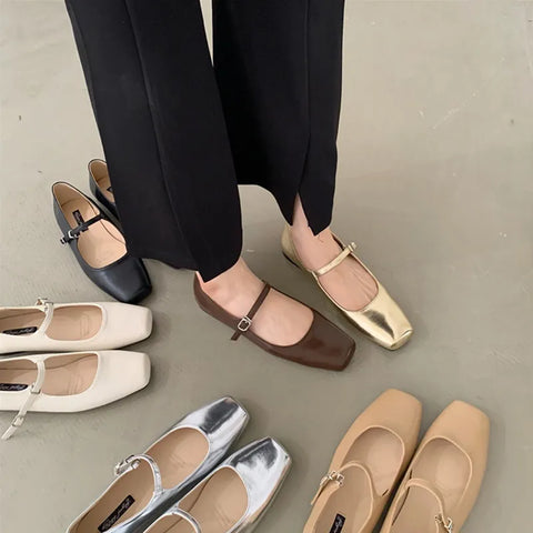 Garcelle Square Toe Mary Jane Ballet Flats Beige Size 38 foot 24cm