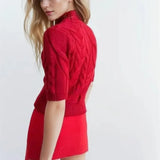 Rubina Red Cable Knit Belted Turtleneck Sweater