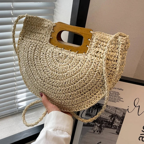 Sema Woven Straw Half Moon Bag