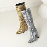 Costanza Metallic Snake Pattern Knee High Boots