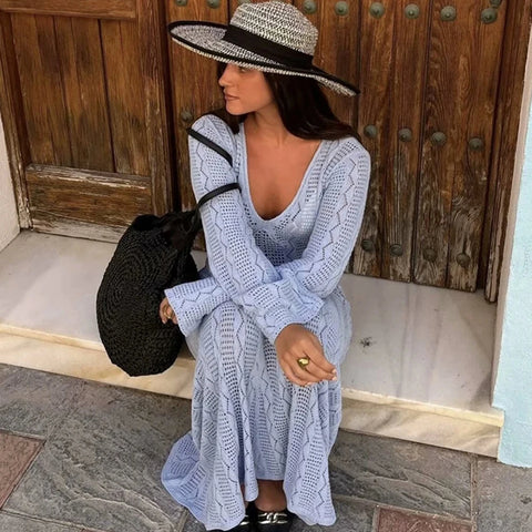 Bethel Blue Crochet Knit Maxi Dress
