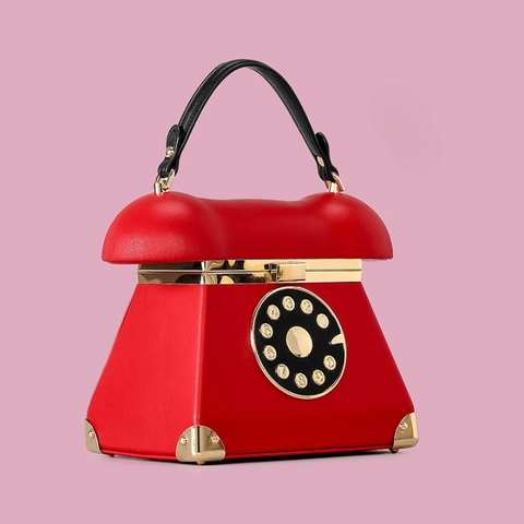 Telephone Shaped Shoulder Bag For Women – Retro Top Handle Purse, Crossbody Bag, PU Leather – Pink, Black, White