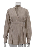 Clara Pinstripe Belted Long Tunic Shirts 