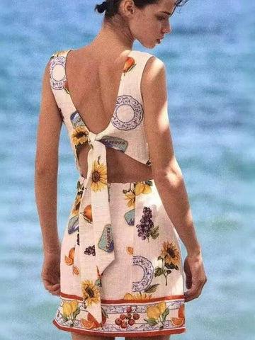 Cassandra Vintage Print Back Tie Mini Dress
