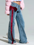Georgina Velvet-Bow Side Stripe Wide-Leg Jeans