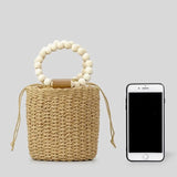 Aerin Beads Handle Straw Mini Bucket Bag