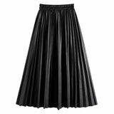 A black pleated midi skirt with an elastic waistband, shown against a plain white background.