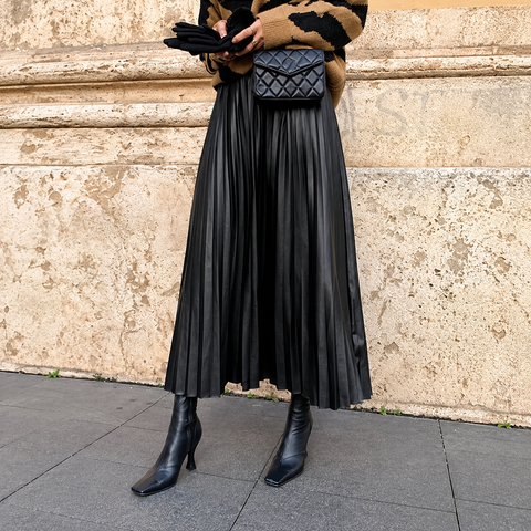 Simone Pleated Faux Leather Midi Skirt