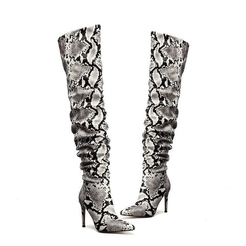 Slouchy Thigh High Snakeskin Print Boots
