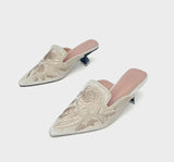 Sofia Flower Embroidery Velour Kitten Heel Mules