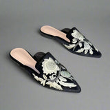 Sofia Flower Embroidery Velour Kitten Heel Mules
