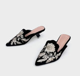 Sofia Flower Embroidery Velour Kitten Heel Mules