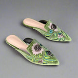 Sofia Flower Embroidery Velour Kitten Heel Mules