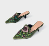 Sofia Flower Embroidery Velour Kitten Heel Mules