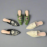 Sofia Flower Embroidery Velour Kitten Heel Mules
