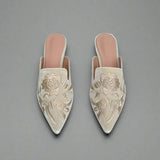 Sofia Flower Embroidery Velour Kitten Heel Mules