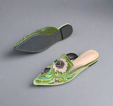 Sofia Flower Embroidery Velour Kitten Heel Mules