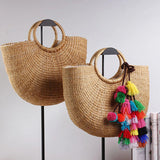 Straw Bucket Tote Bags with Ring Handle - w or w/o Tassels watereverysunday
